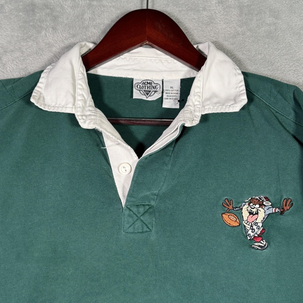 Vintage ACME Clothing Co Rugby Shirt Mens XL Green Taz Football 90s Looney Tunes
